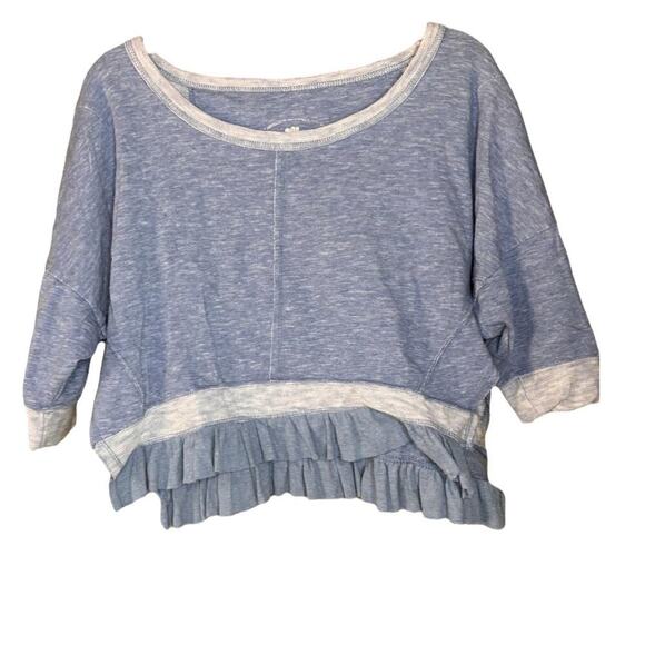 Poof Blue/Grey Cropped Quarter Sleeve Ruffle Hem Slit Side Sweatshirt Material - Picture 1 of 5